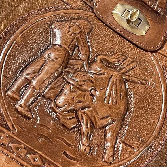 Vintage 70's Aztec Mont-Abur Tooled Leather Cow Hide Brown Handbag from Mexico - Picture 2 of 16